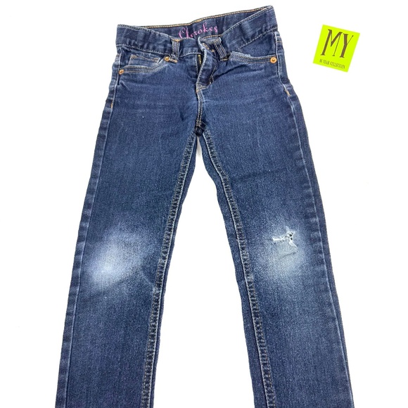 Cherokee Girls Dark Wash Skinny Jeans Size 5T – Distressed Knee - Picture 1 of 7